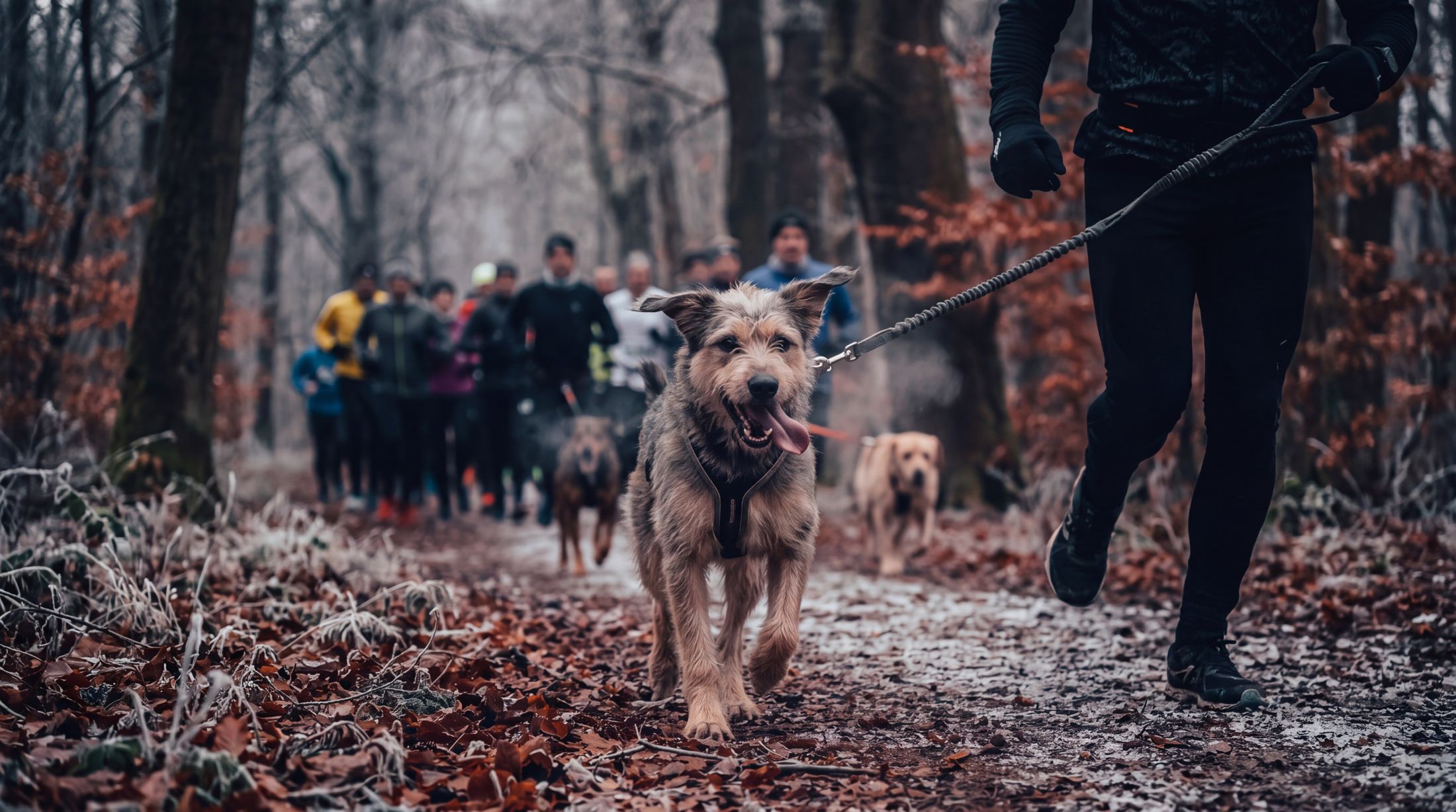 Une coureuse de canicross et son chien sur un chemin de forêt givré, un groupe de coureurs et de chiens derrière eux